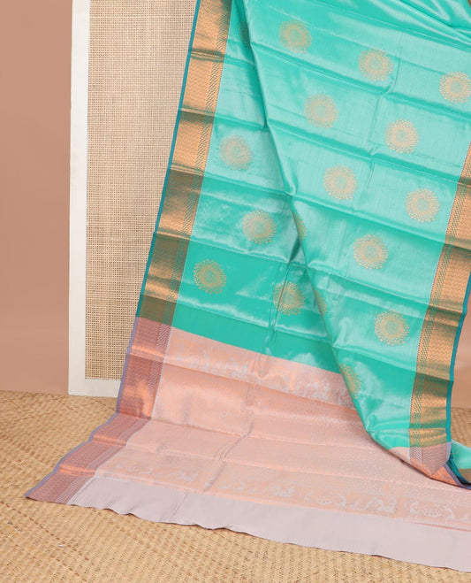 Cyan round motifs semisilk cotton saree with contrast zari designb order & geometric design pallu