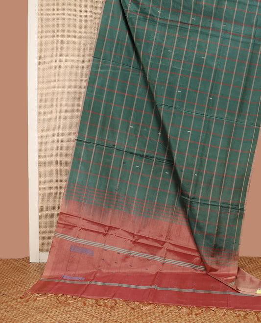 Borderless Green Banana Pith Saree, Finely Designed with Butta Enclosed Checks All Over Its Body, Complemented by a Contrast Pallu Depicting Stripes and Buttas, and Paired with a Contrast Blouse