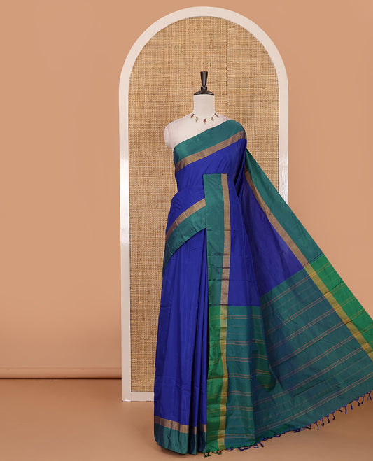 Royal blue full-plain semi-soft saree, contrast satin border of zari stripes, striped pallu & contrast plain blouse