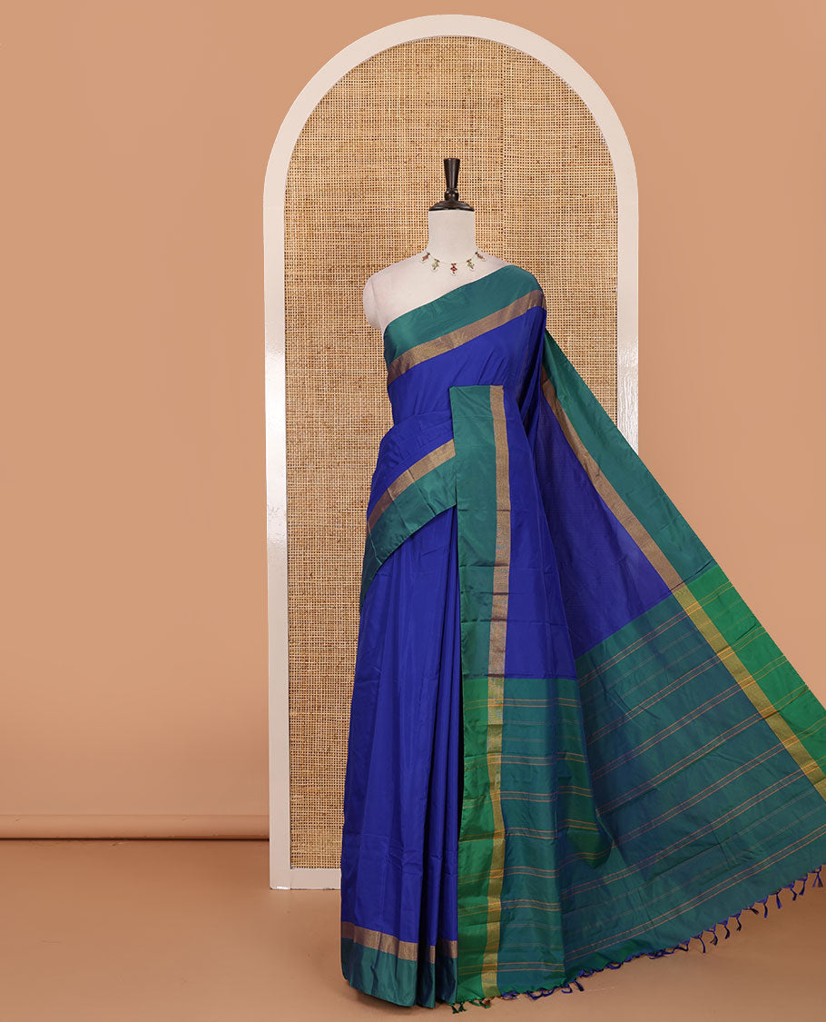 Royal blue full-plain semi-soft saree, contrast satin border of zari stripes, striped pallu & contrast plain blouse
