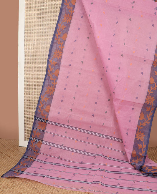 Pink motifs bengal cotton saree with contrast floral design border & striped, floral motifs pallu