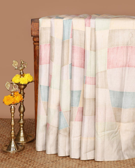 Chikku color geometrical digital print fancy tussar silk saree with resam border & resam pallu along with plain blouse