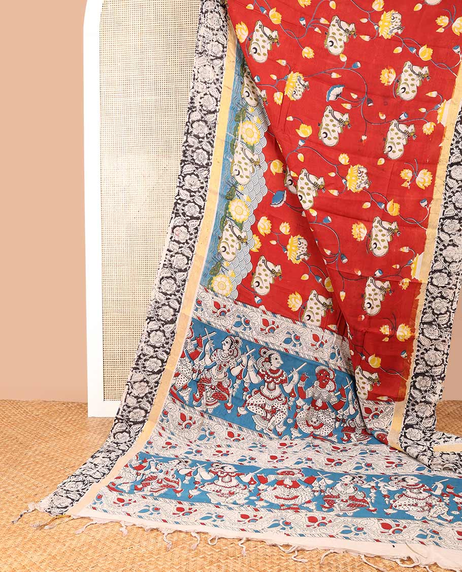 Red pichwai design machine-printed kalamkari cotton saree with contrast floral desig & pichwai theme human design pallu