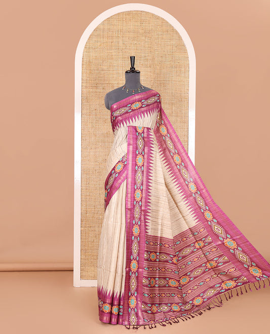 Chikku- purple plain Katan silk saree, contrast ikkat floral-geometric printed temple border, ikkat printed pallu, and ikkat printed blouse