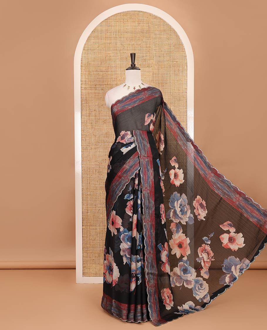 Black floral printed sitara shimmer saree, printed scallop swarovski stone work border & contrast digital printed blouse