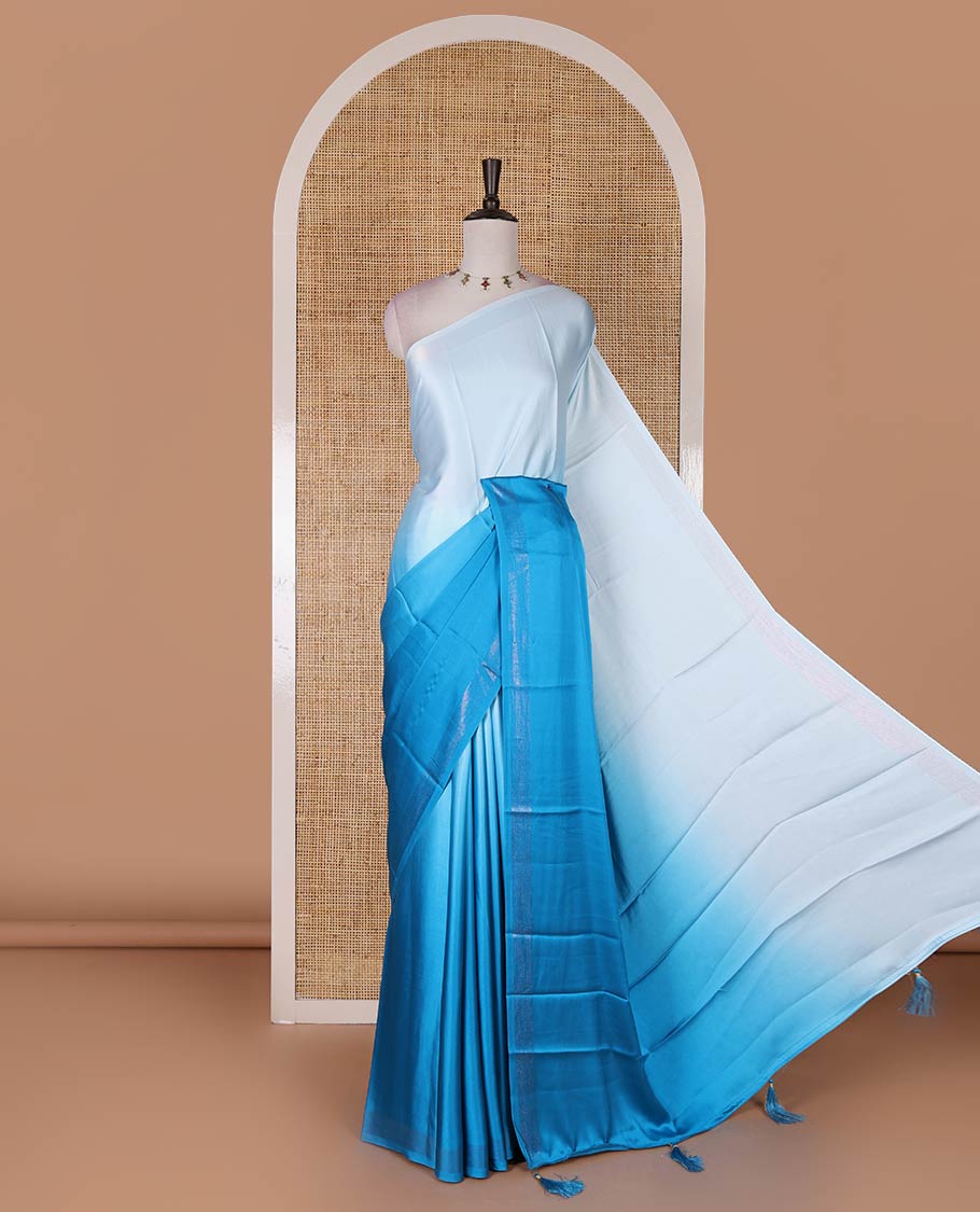 Blue ombre full-plain satin crepe saree, copper zari border, and plain blouse