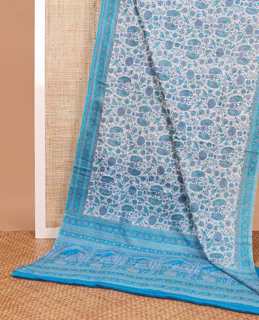 White madhubani design printed silk saree with contrast floral design border & floral design pallu
