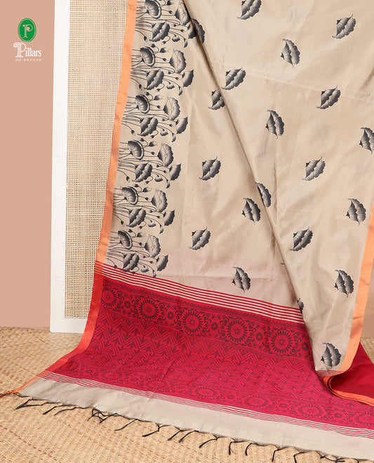 Chikku screen print micro silk saree with saree with copper zari border & screen print pallu along with plain blouse