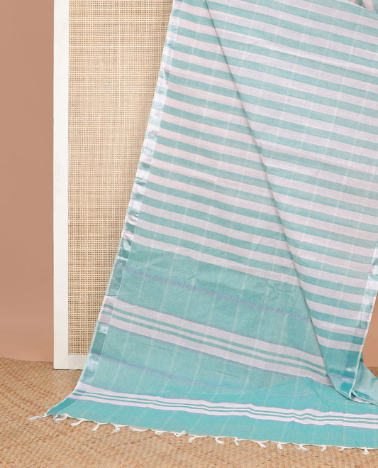 White with green checked with self zari border & checked pallu