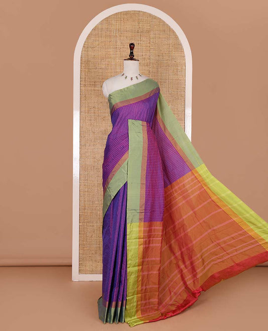 Violet-green plus-shaped buttas steeped semi-soft silk saree, contrast satin border of stripes, striped pallu, and contrast blouse