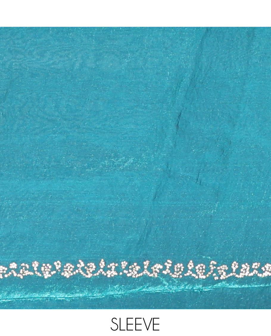 Blue Fendy Chiffon Saree, Highlighted by Swarovski Stone Work All Over the Body, Gleaming Swarovski Stone Work Border, a Self-Pallu, and Paired with a Fancy Designer Blouse