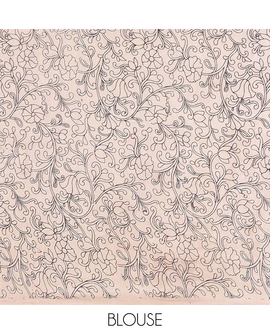 Red unique floral machine-printed kalamkari cotton saree, floral design border & floral & geometric pallu