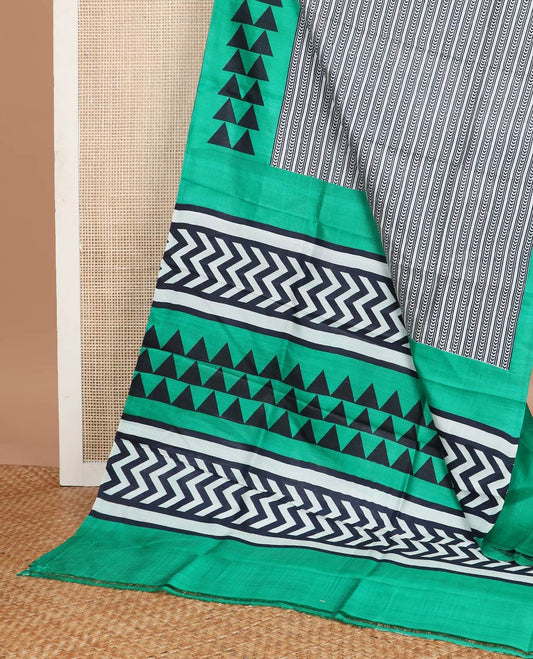 White geometric printed silk saree contrast triangle design border