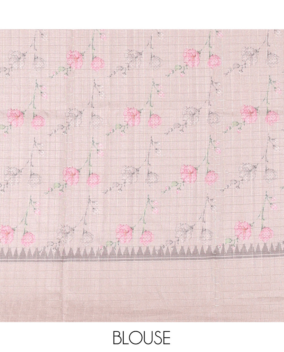 Off-White Fancy Tussar Silk Saree, Enthralled with Floral Cross Stitch Embroidery All Over Its Body, Complemented by a Contrast Temple Zari Checked Border, Pallu of Checked Designs, and Paired with a Contrast Blouse
