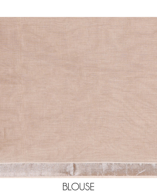 Pale Brown Kerala Saree, Lightly Embellished with Zari Buttas on Its Body, Subtly Sparkled Bavanji Border, Pallu Depicting Intricate Designs, and Paired with a Matching Blouse