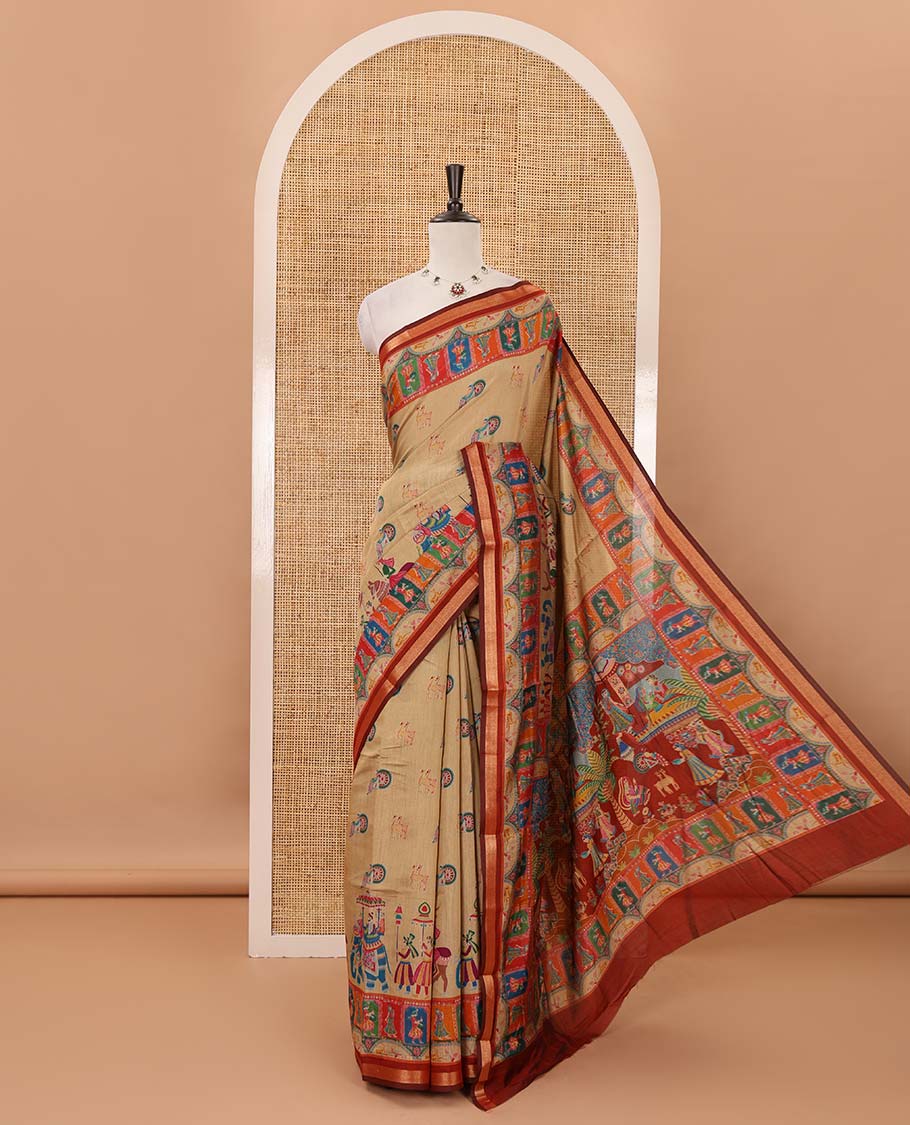 Chikku-color animal & Mughal human motifs position printed viscose muslin saree,contrast zari border & Mughal-style print pallu & contrast print blouse