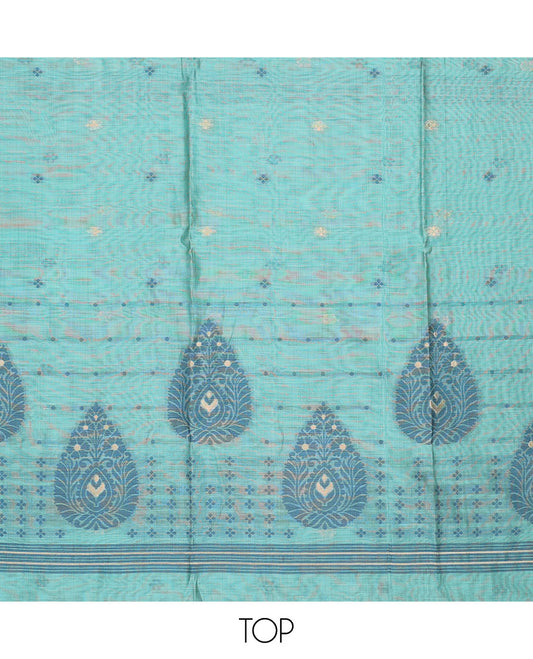 Blue chudidhar material set, floral motifs top, plain bottom & striped, floral motifs dupatta