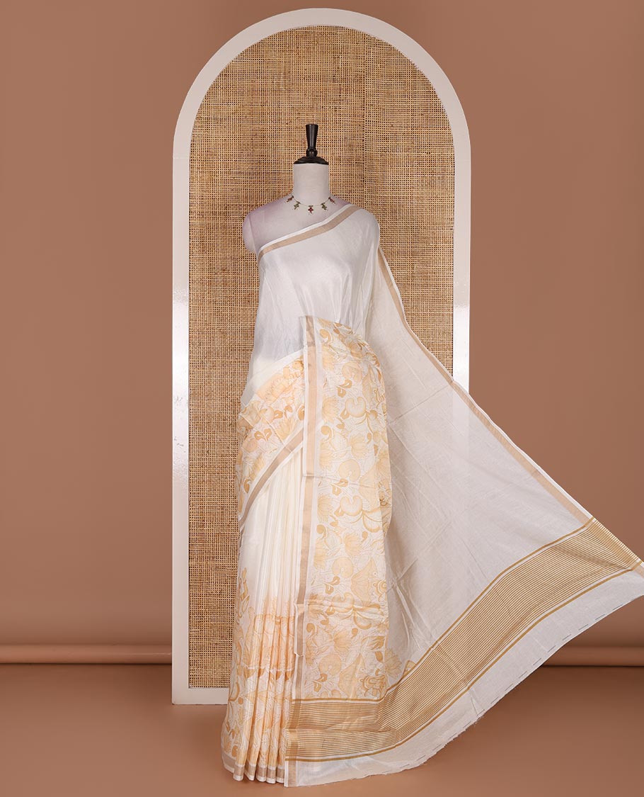 Half-white human motifs and floral printed Kerala cotton saree, zari border, striped pallu, and  matching blouse