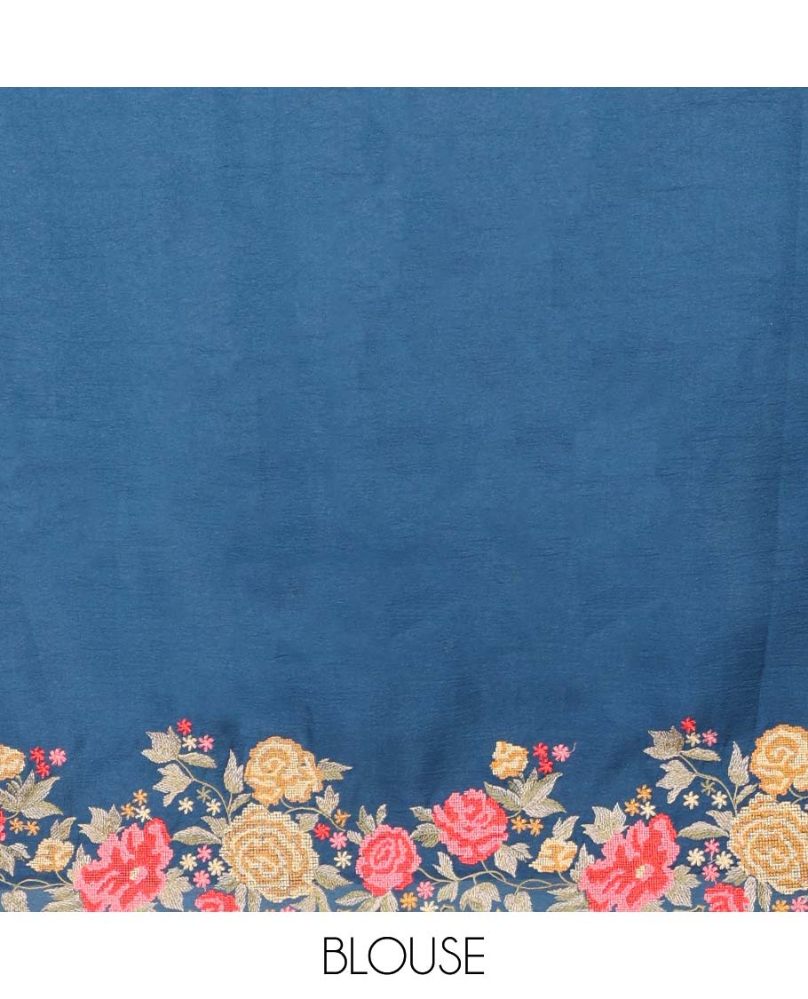 Yellow crushed tissue saree with scallop floral border & motif embroidery pallu