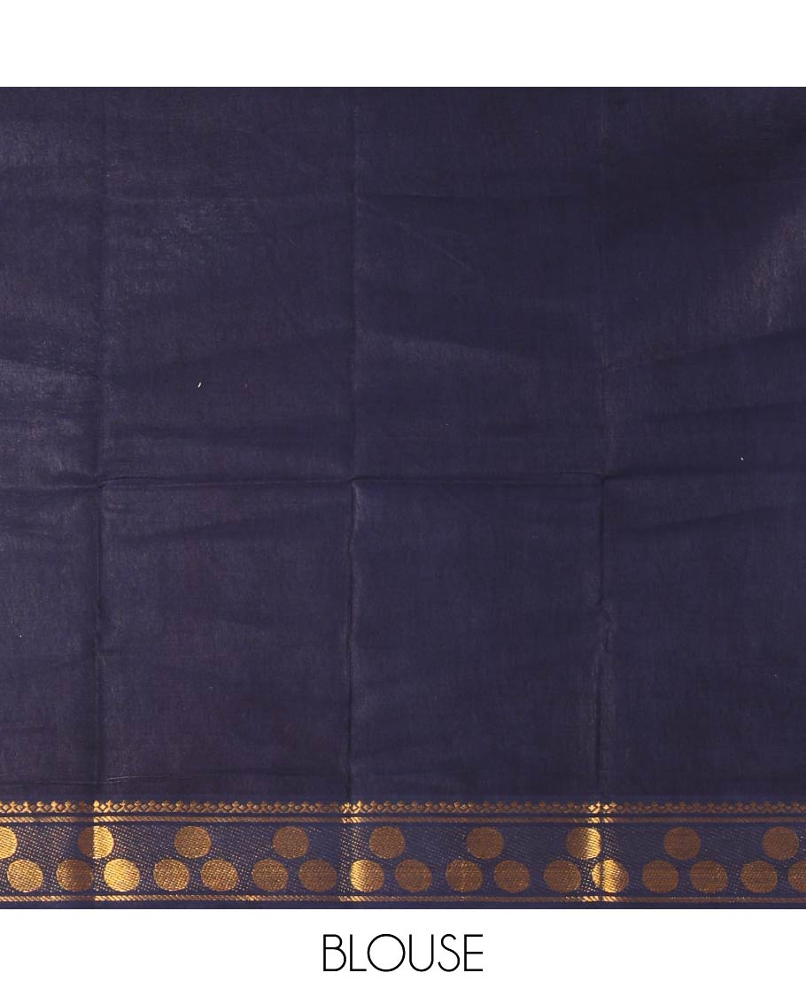 Light blue full-plain sungudi cotton saree, contrast zari round motif big border, lining seer pallu & plain dark blue blouse