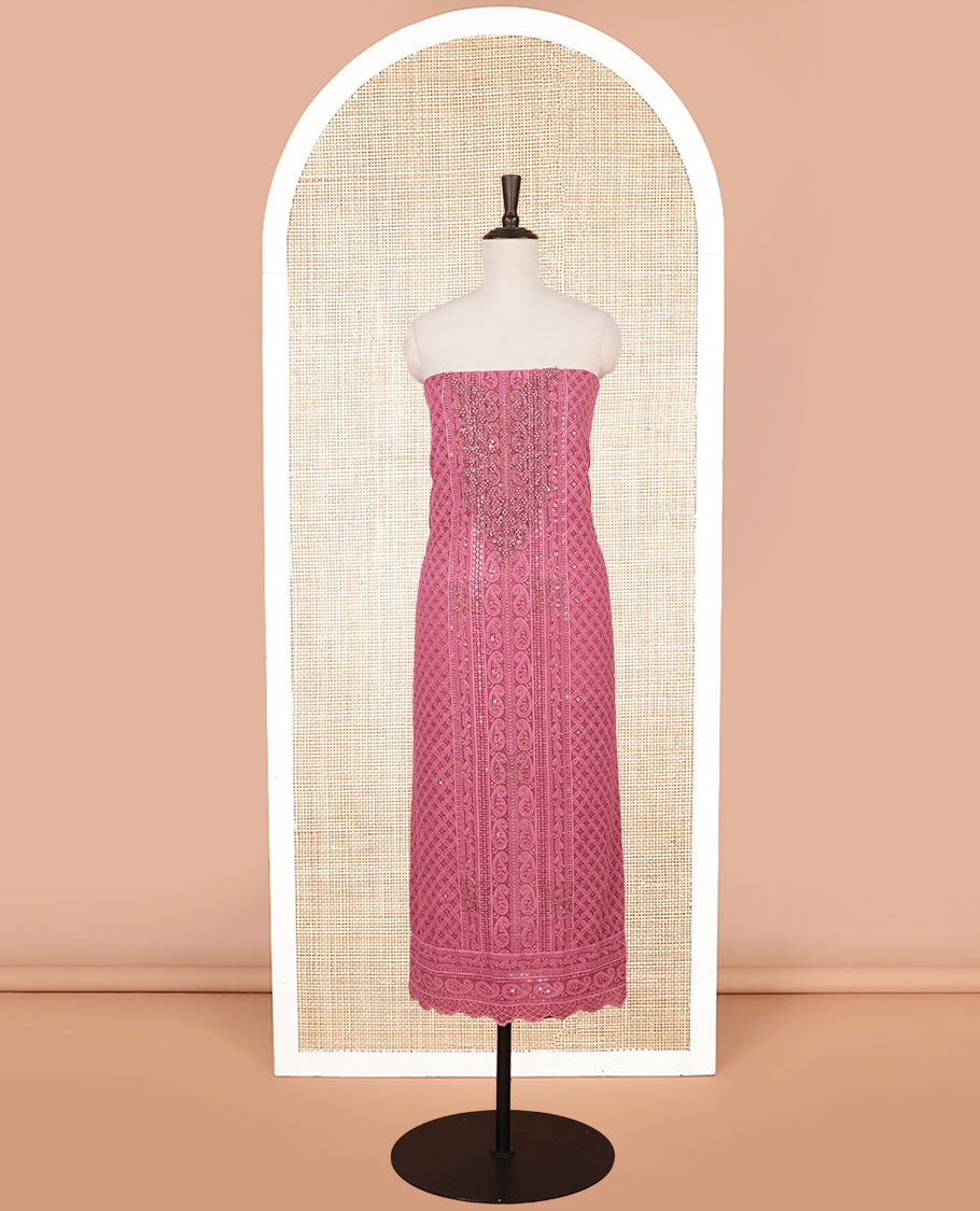 Onion pink shifli sequins work, swarovski stone, moti work georgette chudidhar material top with american crepe pant & chinnon material digital print , mirror work dupatta