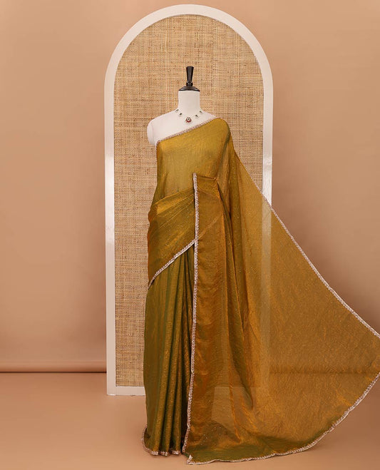 Mehendi green Swarovski stone work embedded fendy-chiffon saree, scallop lace border & floral mixed embroidered blouse