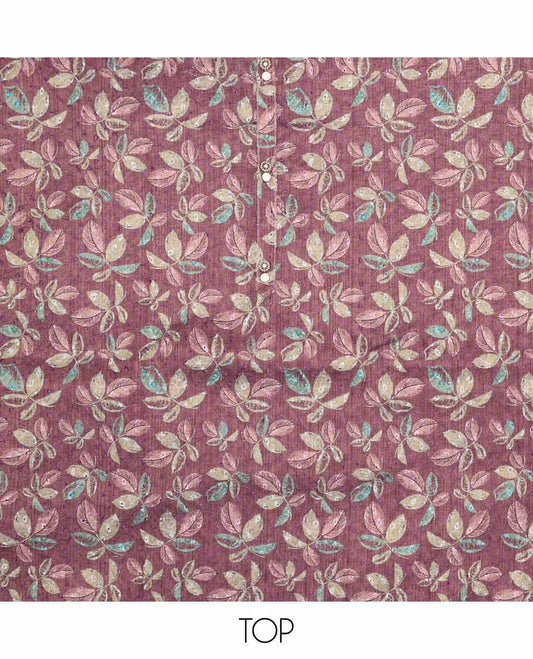 Violet chudidhar material set floral printed top, contrast plain bottom & sequins embroidery dupatta