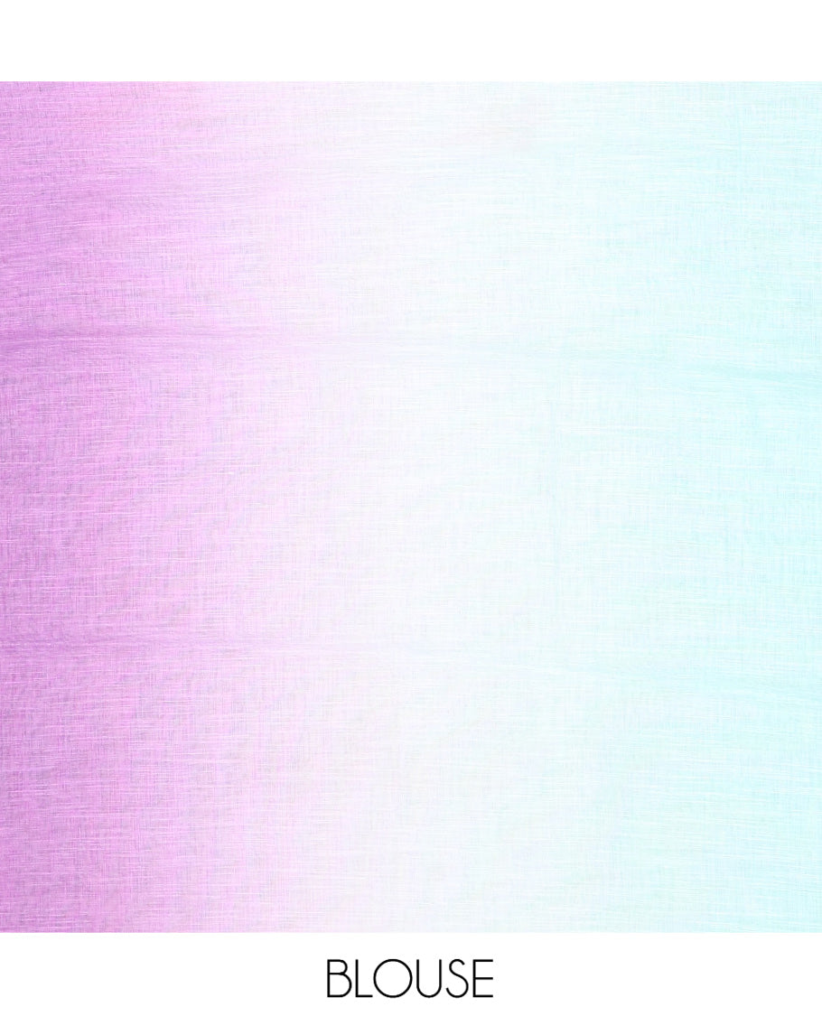 Purple Linen Cotton Saree Features Ombre-Style Dyed and Mirrorwork, a Subtle Piping Border, and a Matching Blouse