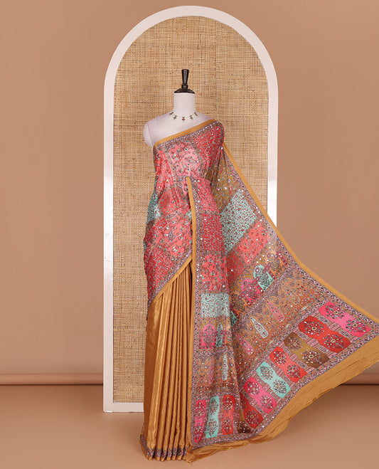 Mustard kaleidoscopic colored floral-paisley vine printed with mirrorwork masakali saree, printed border, print with mirror work pallu, and a matching blouse