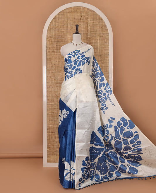 Borderless white-blue batik-style floral big printed khadi cotton saree, purple batik printed blouse