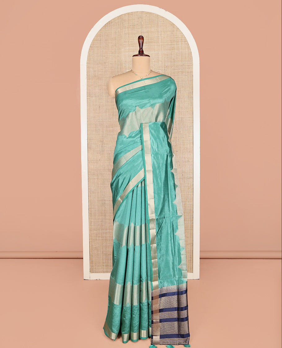 Green Dupion Silk Saree, Boldly Accentuated with Zig-Zag Stripes, Highlighted by Zari Border, Complemented by a Contrast Zari Striped Pallu, and a Contrast Blouse