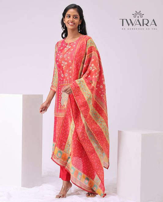 Twara crimson red floral design round neck 3/4 sleeve below knee length kurti