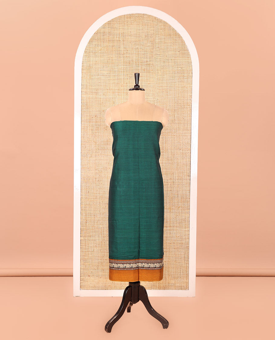 Green Mercerised Cotton Material Churidar Set, Subtly Woven Plain with Contrast Traditional Elephant Motif Bordered Top, a Plain Santoon Bottom, and Paired with a Mercerised Cotton Dupatta