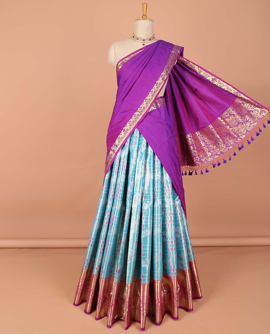 Blue checked with floral design art-silk half saree, contrast traditional zari border,zari design blouse & intricate dhavani