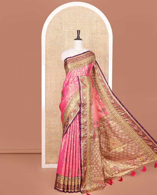 Pink Vastrakala Silk Saree, Delicately Woven with Jacquard and Embroidery Work, Complemented by Contrast Zari and Cut Embroidered Border, Gleaming Zari Ogee Patterns-Stone Work Pallu, and Paired with Contrast Heavy Embroidered Blouse