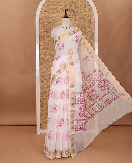 White-pink circular motifs printed mercerised cotton saree, gold zari temple  border, circular motifs printed pallu & matching zari border blouse