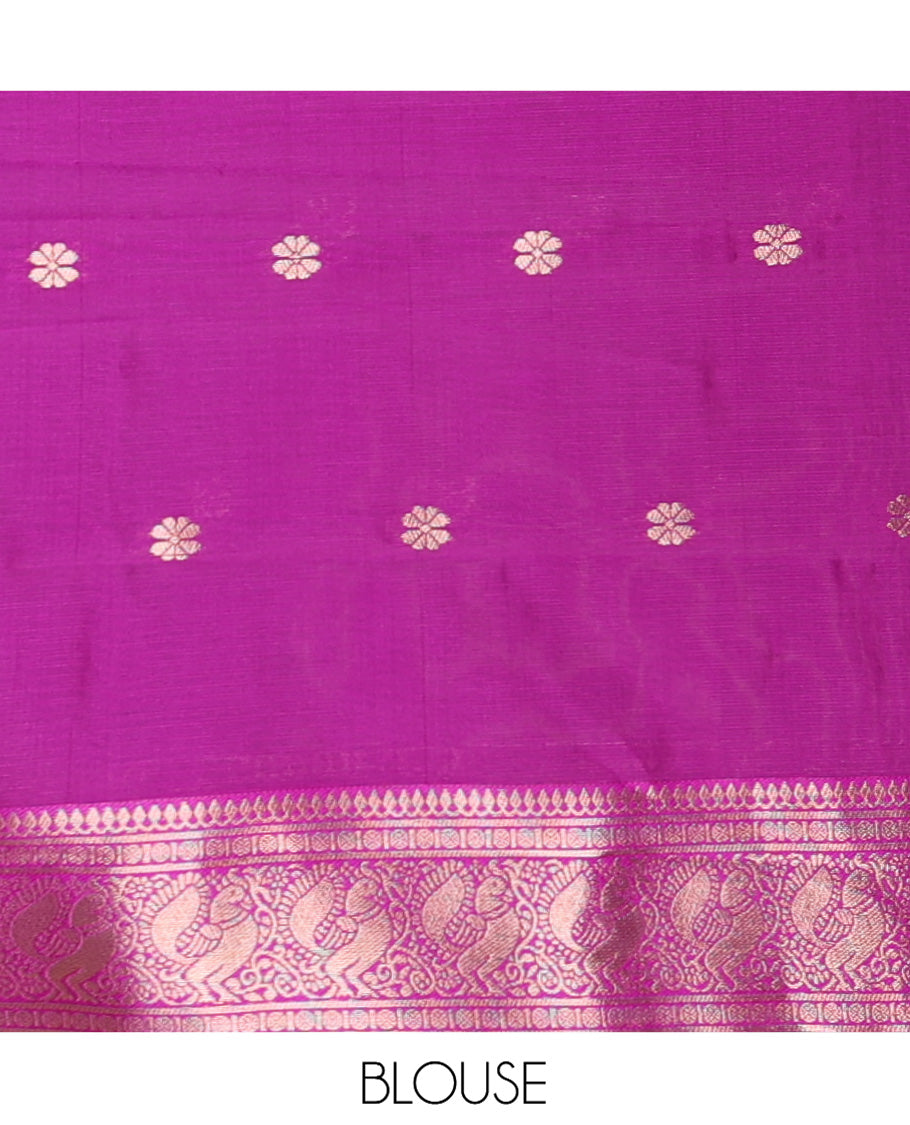 Pista Green Kanchi Silk Saree Features Mayil-Chakram Buttas, a Contrast Traditional Border, Jaal Pallu, and a Contrast Blouse