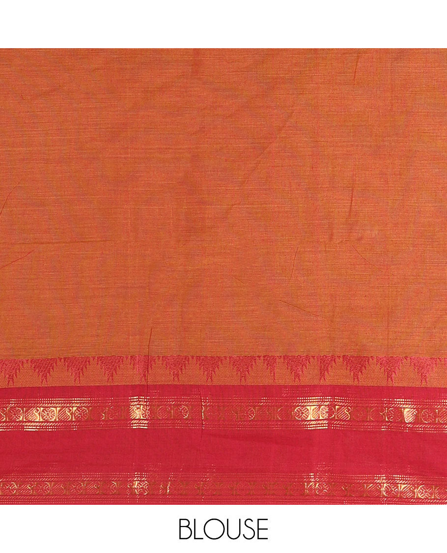 Honey Color Chettinad Cotton Saree, Adorned with Thread Buttas All Over Its Body, Complemented by a Contrast Temple Rettai Pettu Traditional Zari Design Border, Pallu of Stripes and Buttas, and Paired with a Matching Blouse