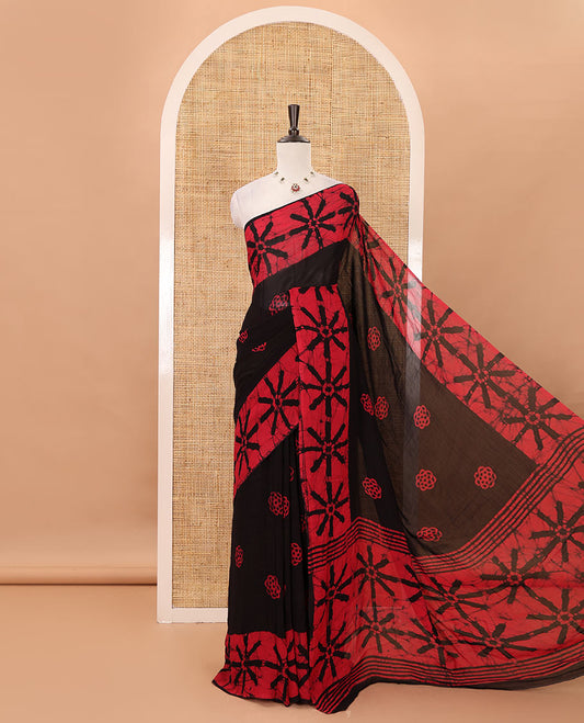 Black handblock wax batik printed georgette saree, star-like motifs handblock wax batik printed border & pallu & matching printed blouse