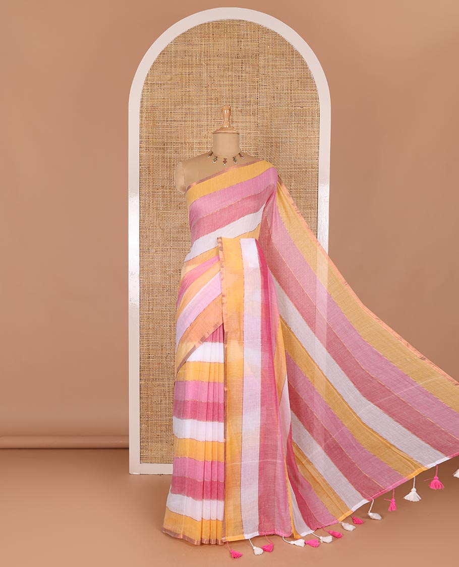 Baby pink rainbow-style striped Khadi mul cotton saree with piping zari border, and a matching zari striped blouse