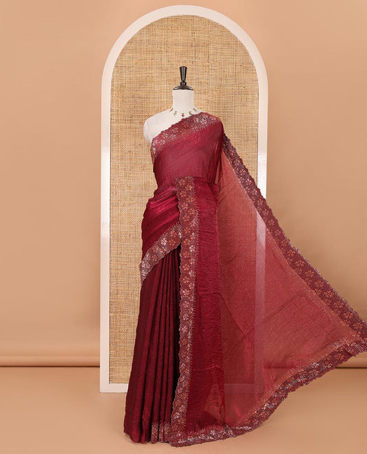 Purple full-plain Fendy satin saree, scallop floral micro-stone embroidered border, self-pallu & contrast stone work blouse