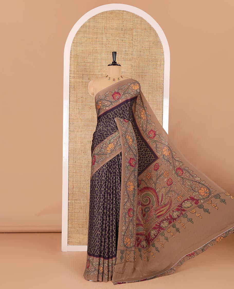 Dark purple Abstract printed Italian crepe saree, contrast kalamkari floral vine printed border, kalamkari printed pallu, and kalamkari printed blouse