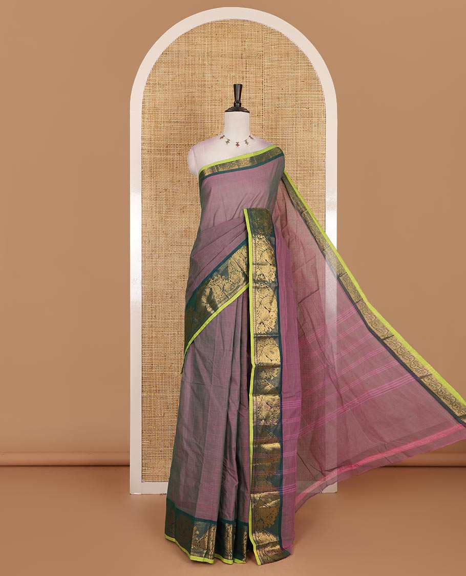 Purple plain Chettinad cotton saree, contrast  annam and rudraksham motifs zari border, striped pallu, and plain blouse