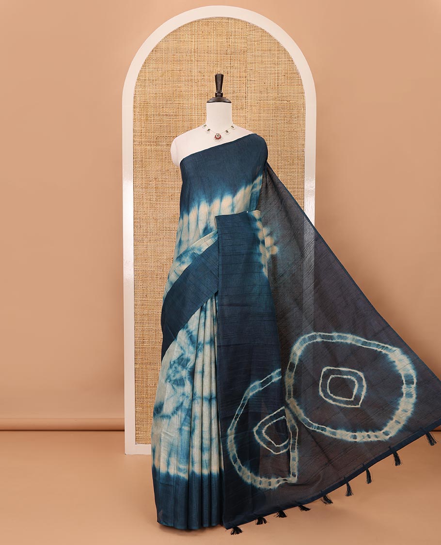 Borderless Indigo blue shibori-printed jute tussar silk saree, contrast shibori-printed pallu & contrast blouse