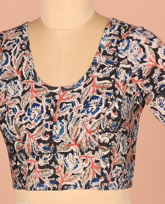 Black Readymade Blouse Delicately Printed with Floral Motifs, Featuring a Front Round-Neck, a Back Round Neck, and Elbow Sleeves