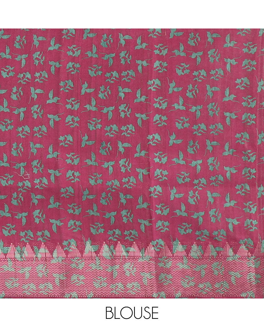 Green floral design semi-banaras tussar saree with contrast temple zari border & floral design pallu