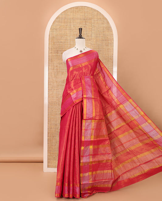 Pink gold zari tissue-style sungudi cotton saree, silver-lined border, silver-lined pallu & matching striped pink blouse