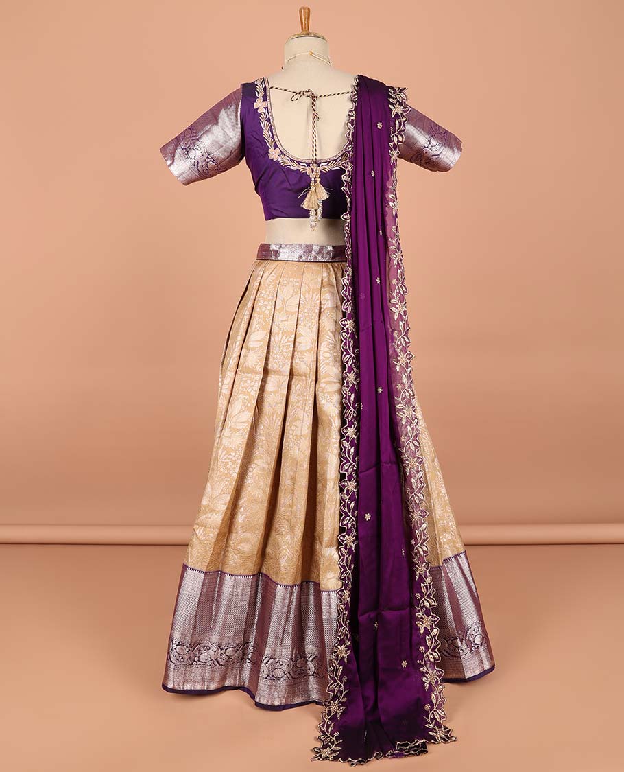 Sandal floral jacquard semi-stitched half saree with contrast zari border,  embroidered blouse & scallop border dhavani