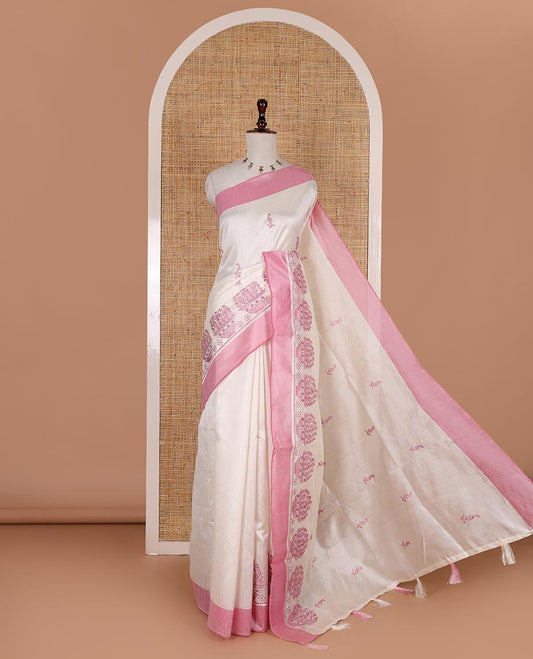 Half-white mango and flower pots thread embroidered semi-tussar saree, contrast pink border, manga motif embroidered pallu, and a matching blouse
