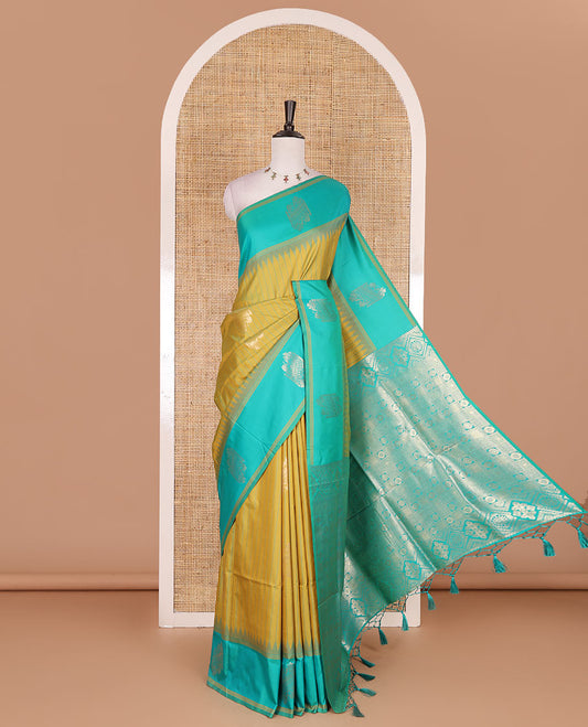 Mustard striped and zari buttas Mulberry silk saree, contrast temple zari buttas border, intricate pallu, and contrast zari design blouse